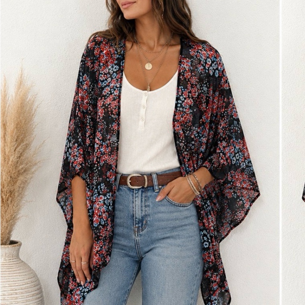 Almost Famous Black Lace Kimono with Red & Blue Floral Trim S